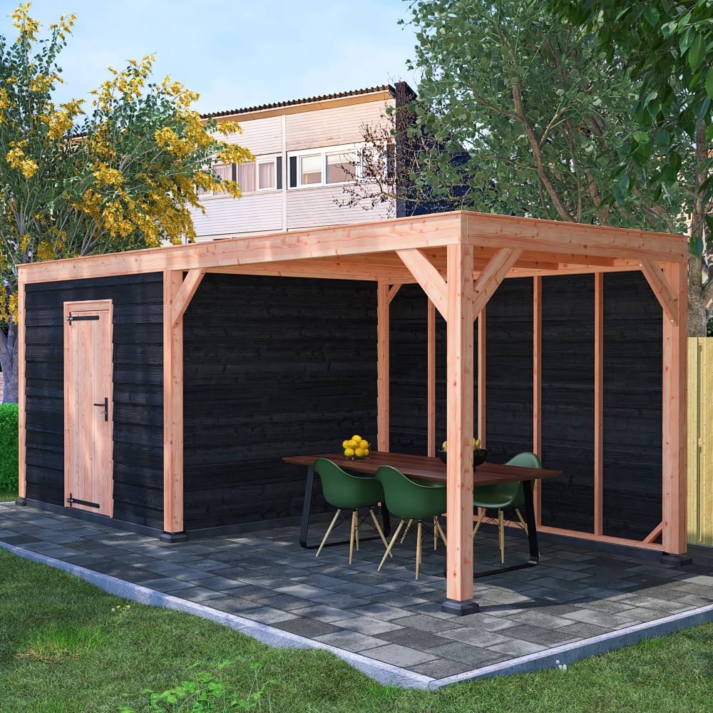 Douglas tuinhuis (300) met overkapping (350) Tuinartikelenoutlet.nl