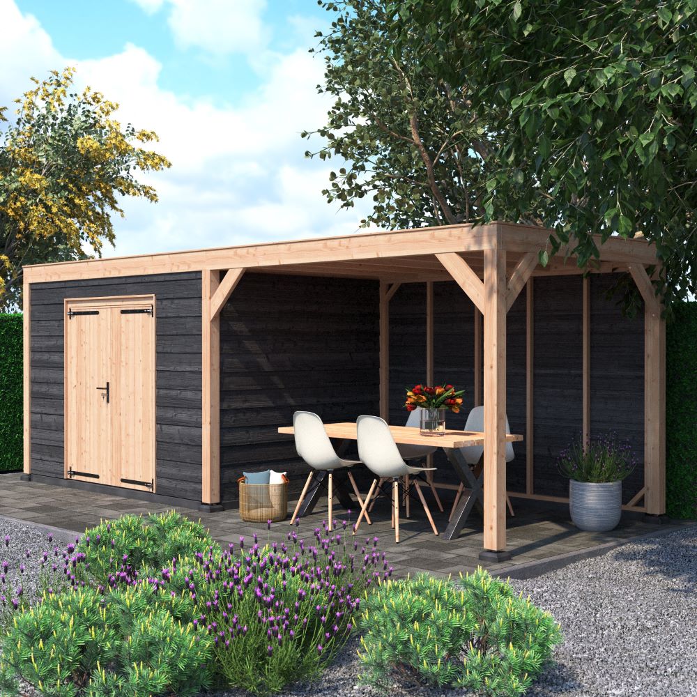 Douglas tuinhuis (350) met overkapping (350) 700 x 250_Tuinartikelenoutlet.nl
